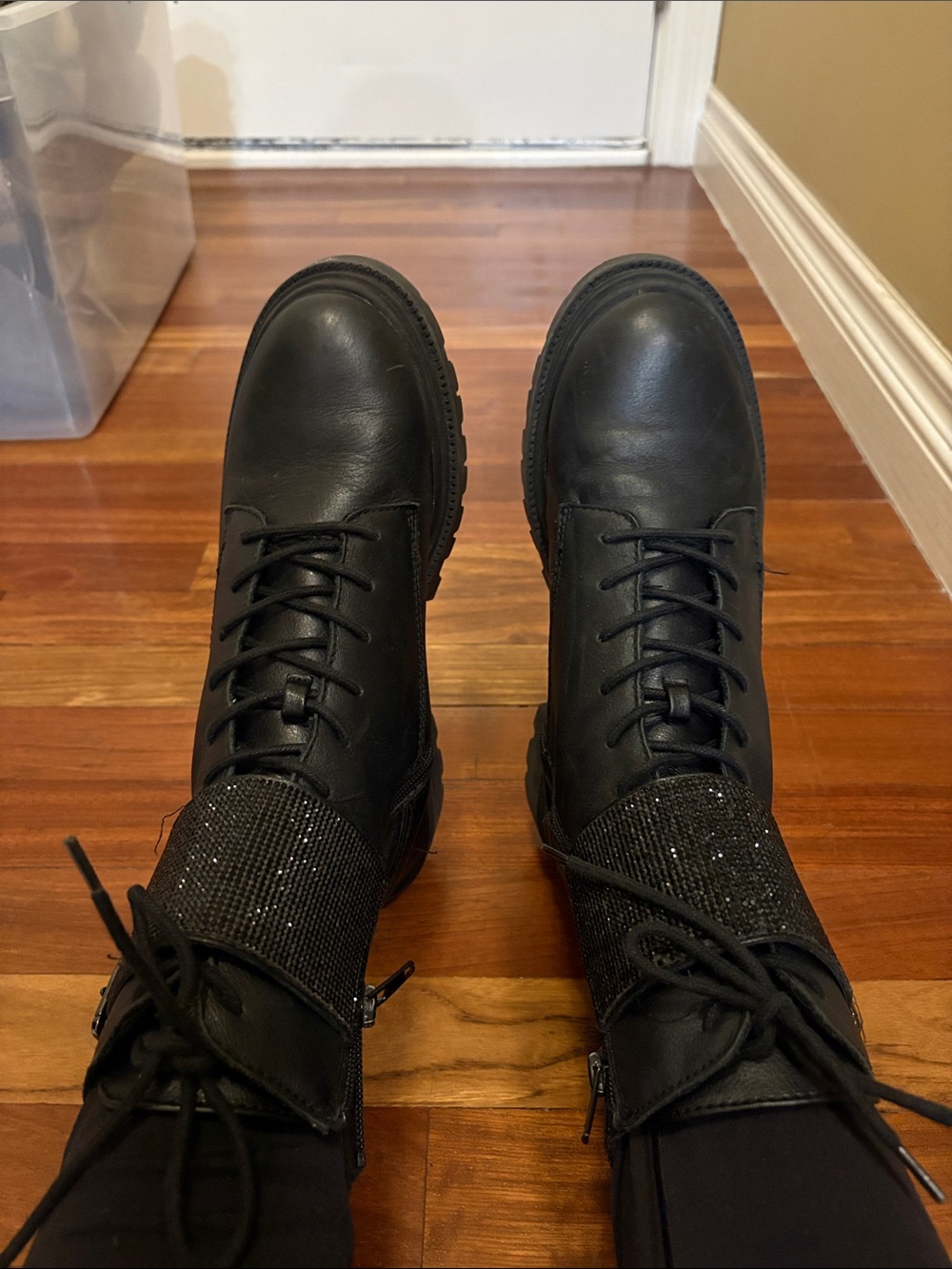Steve Madden Black Lace-Up Combat Boots with Rhinestone Cuff